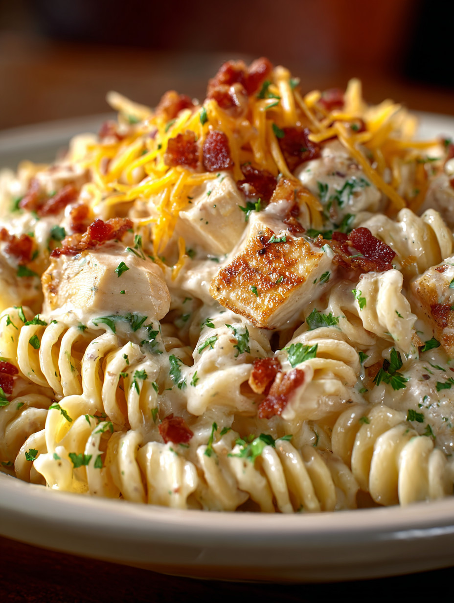 A plate of pasta with bacon and cheese.