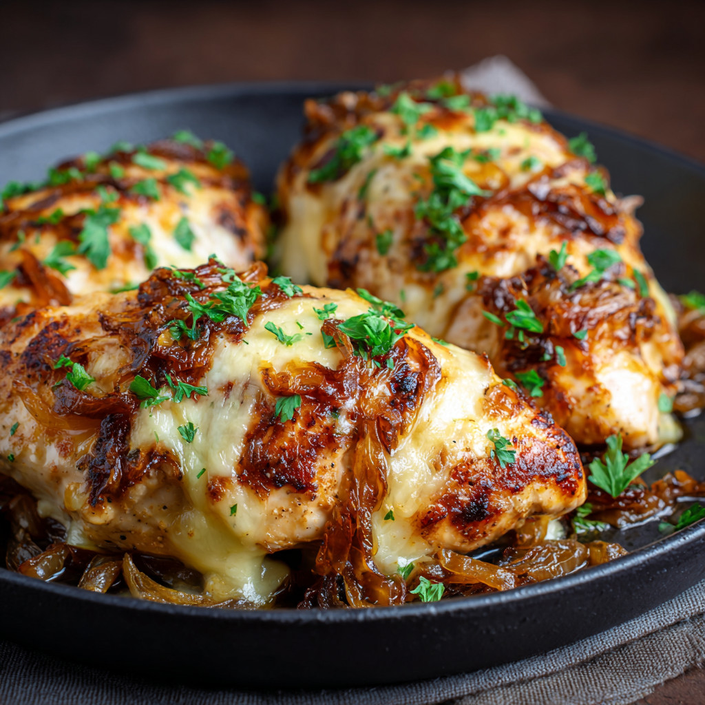 A pan of chicken with onions and herbs.