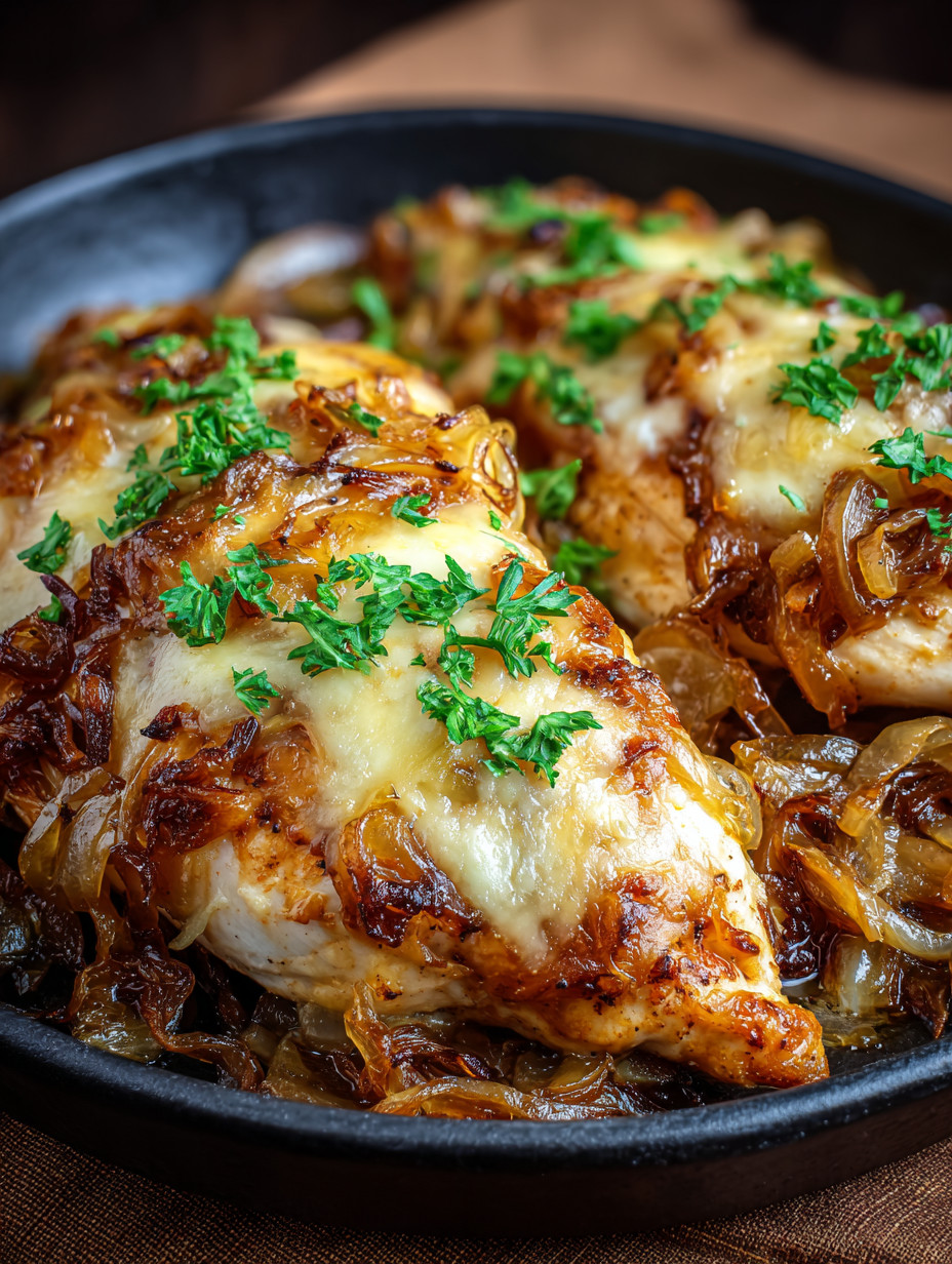 Chicken with onions and cheese.
