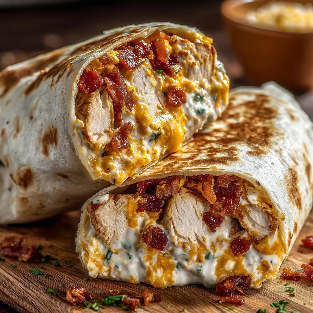 A chicken burrito with bacon and cheese.