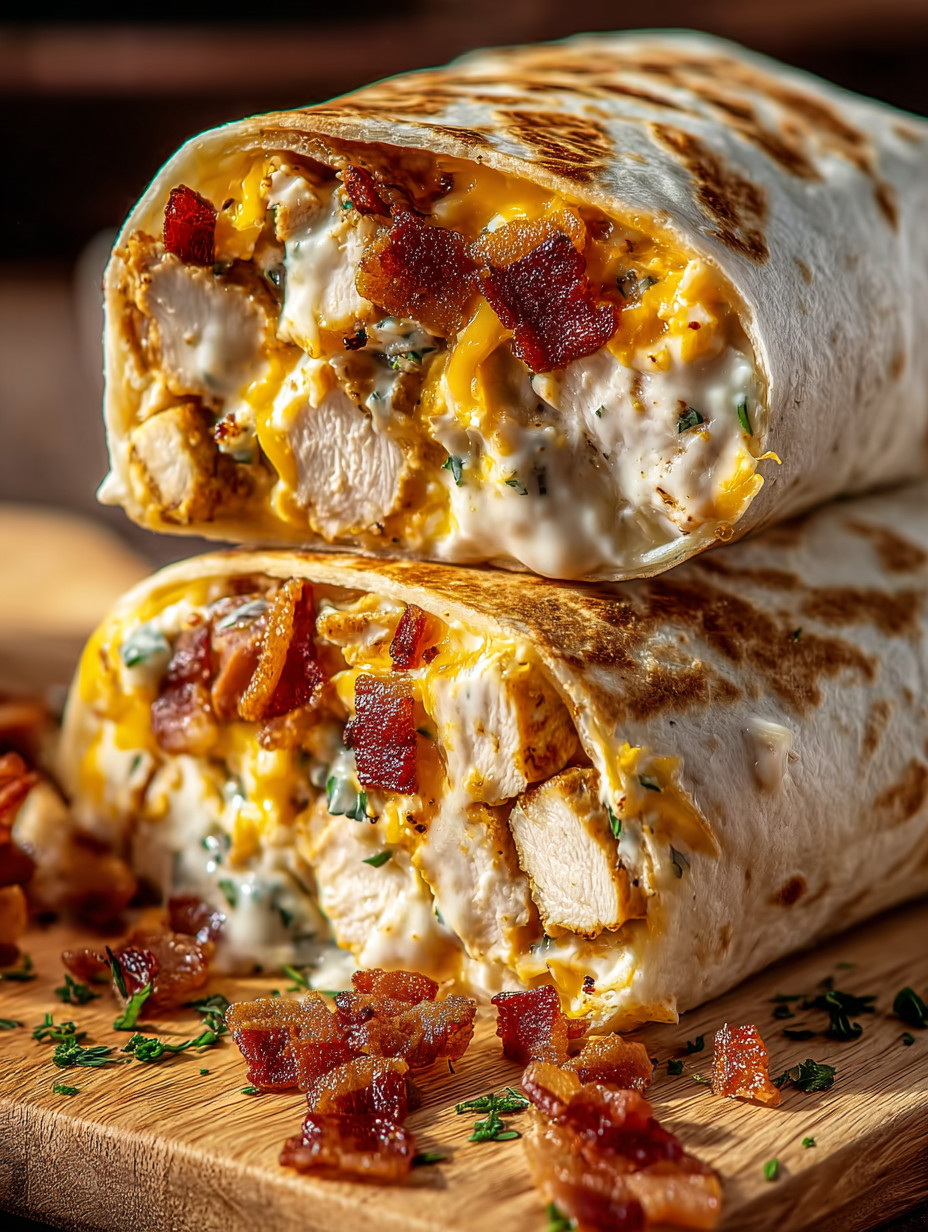 A chicken burrito with bacon and cheese.