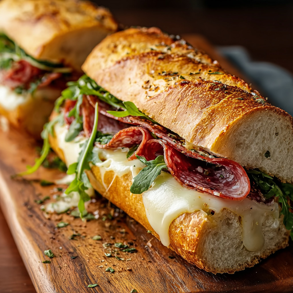 A sandwich with meat and cheese on a wooden table.