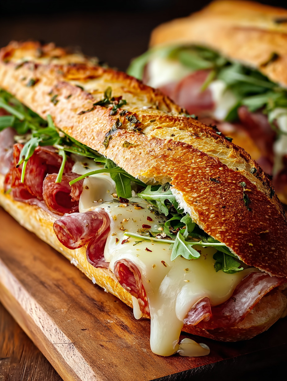 A sandwich with meat, cheese, and greens.