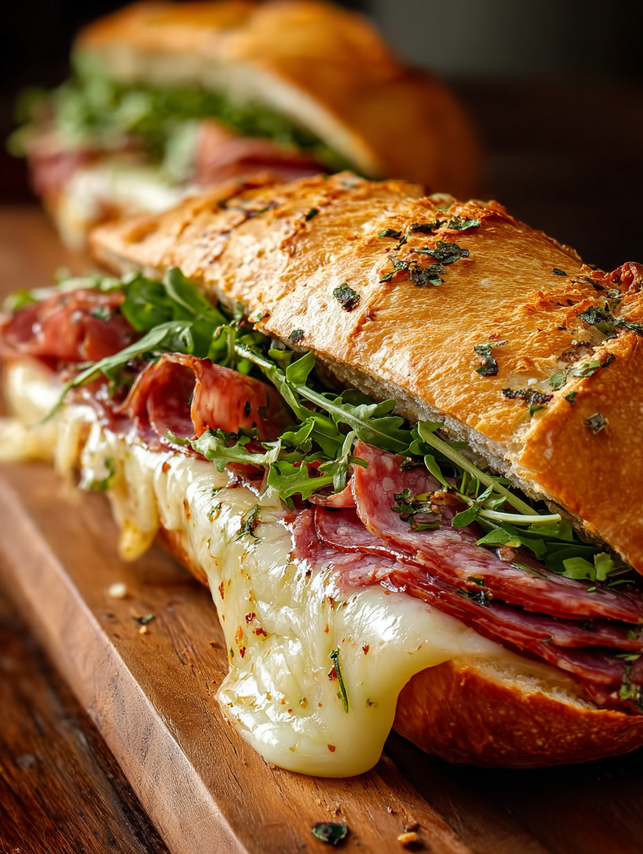 A sandwich with meat and cheese on a wooden table.
