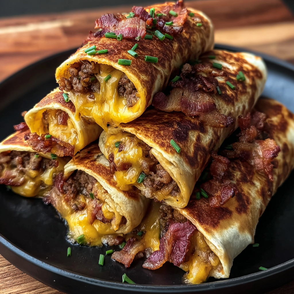 A stack of bacon wrapped burritos.