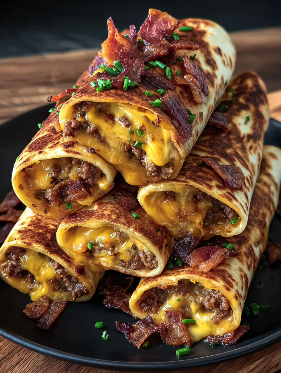 A stack of bacon wrapped burritos.