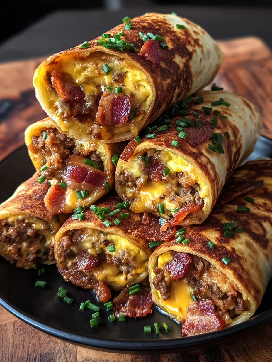 A stack of bacon wrapped burritos.
