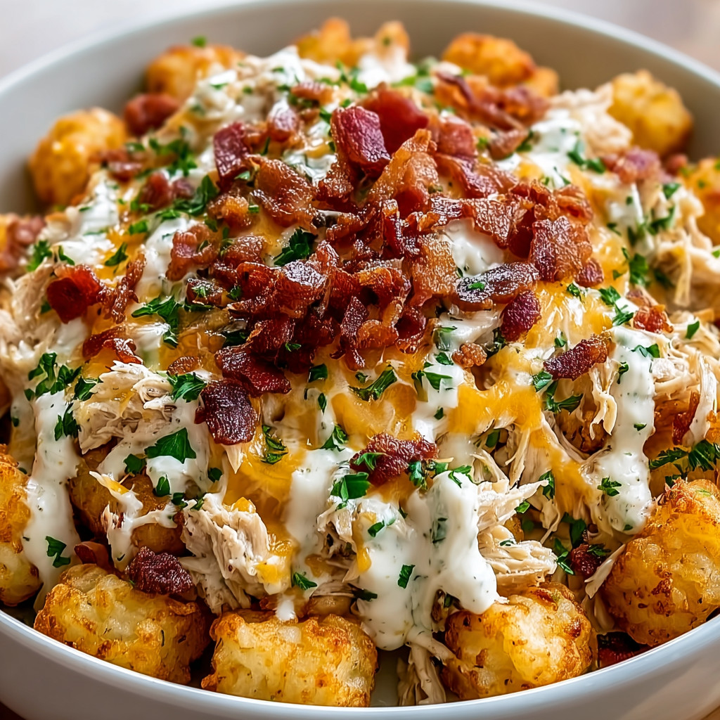 A bowl of food with bacon and cheese.