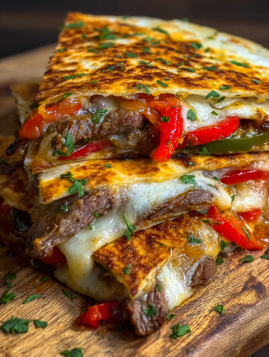 A stack of sandwiches with peppers and cheese.