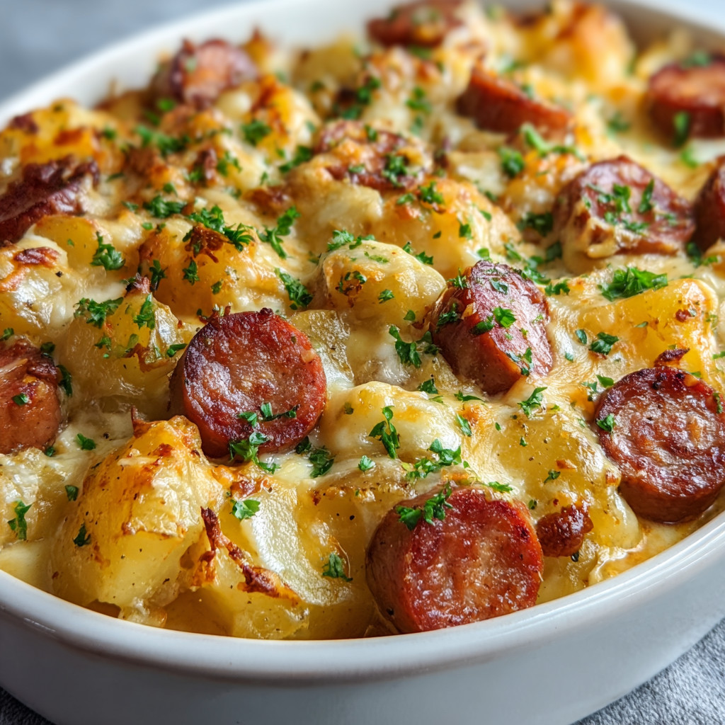 A bowl of food with sausage and potatoes.