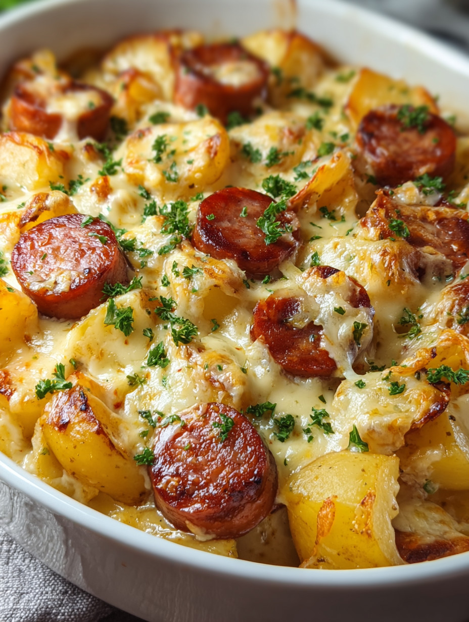 A bowl of food with sausage and potatoes.