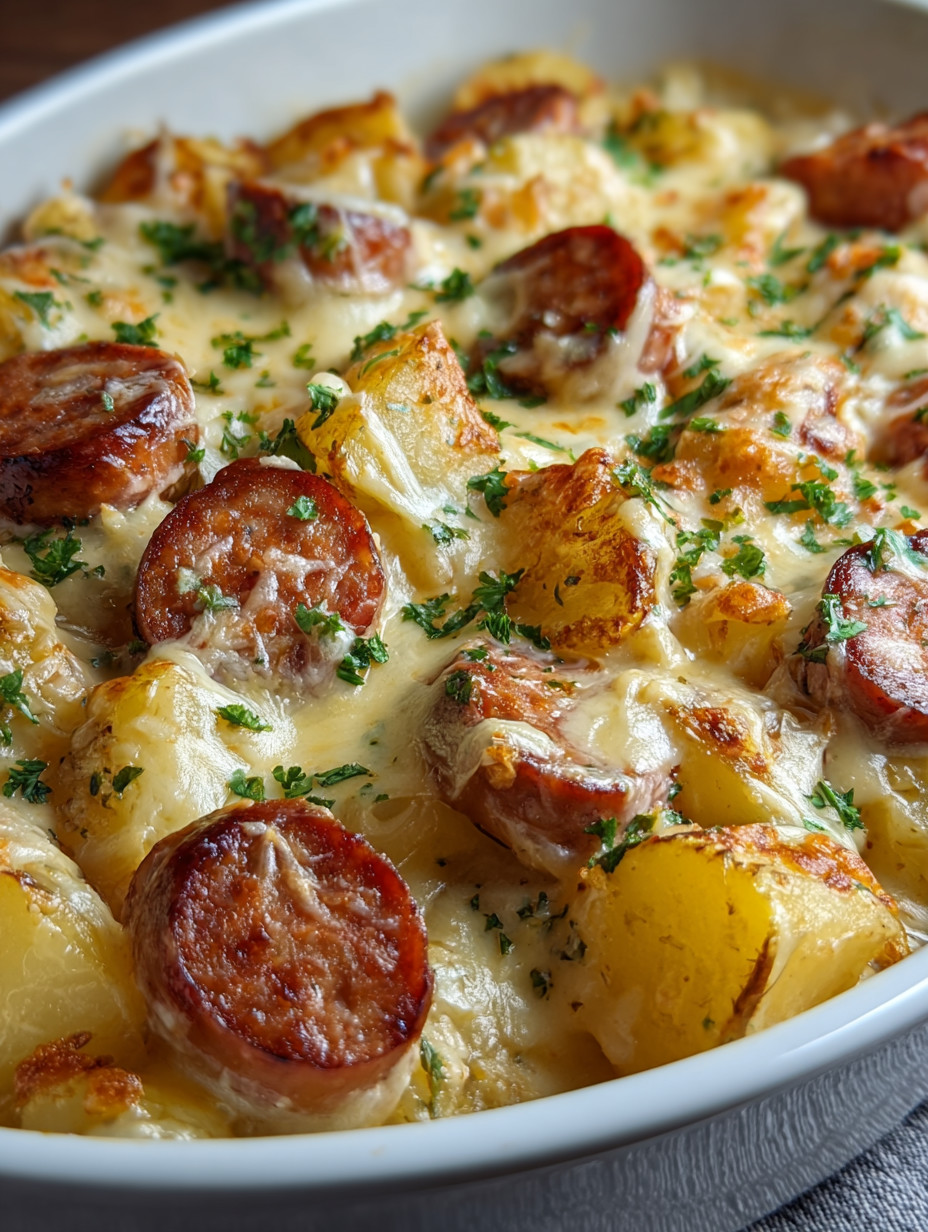 A plate of food with sausage and potatoes.