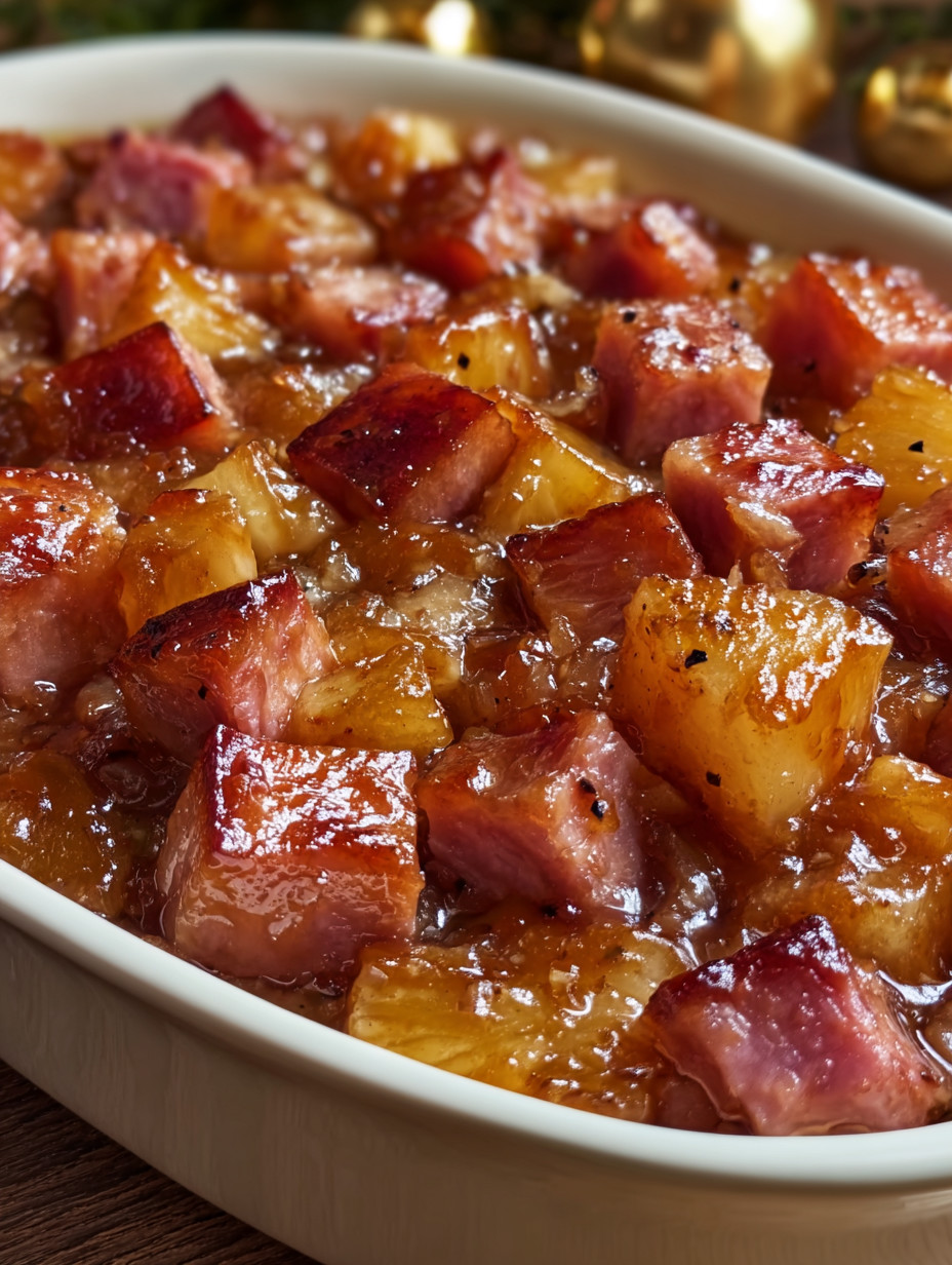 A white bowl filled with meat and fruit.