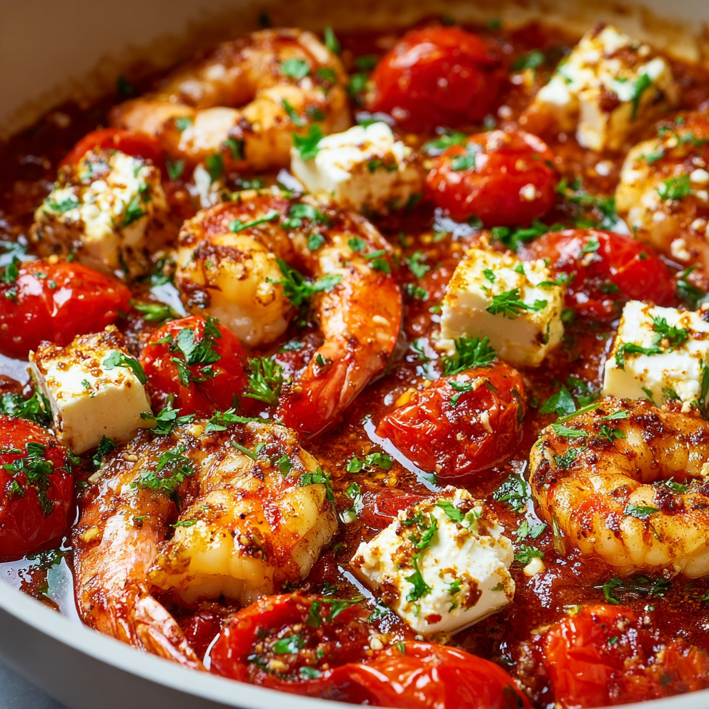 A bowl of shrimp and tomatoes.