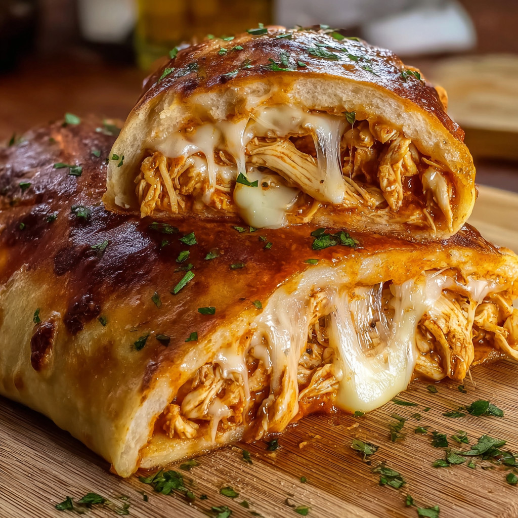 A sandwich with cheese and chicken on a wooden table.