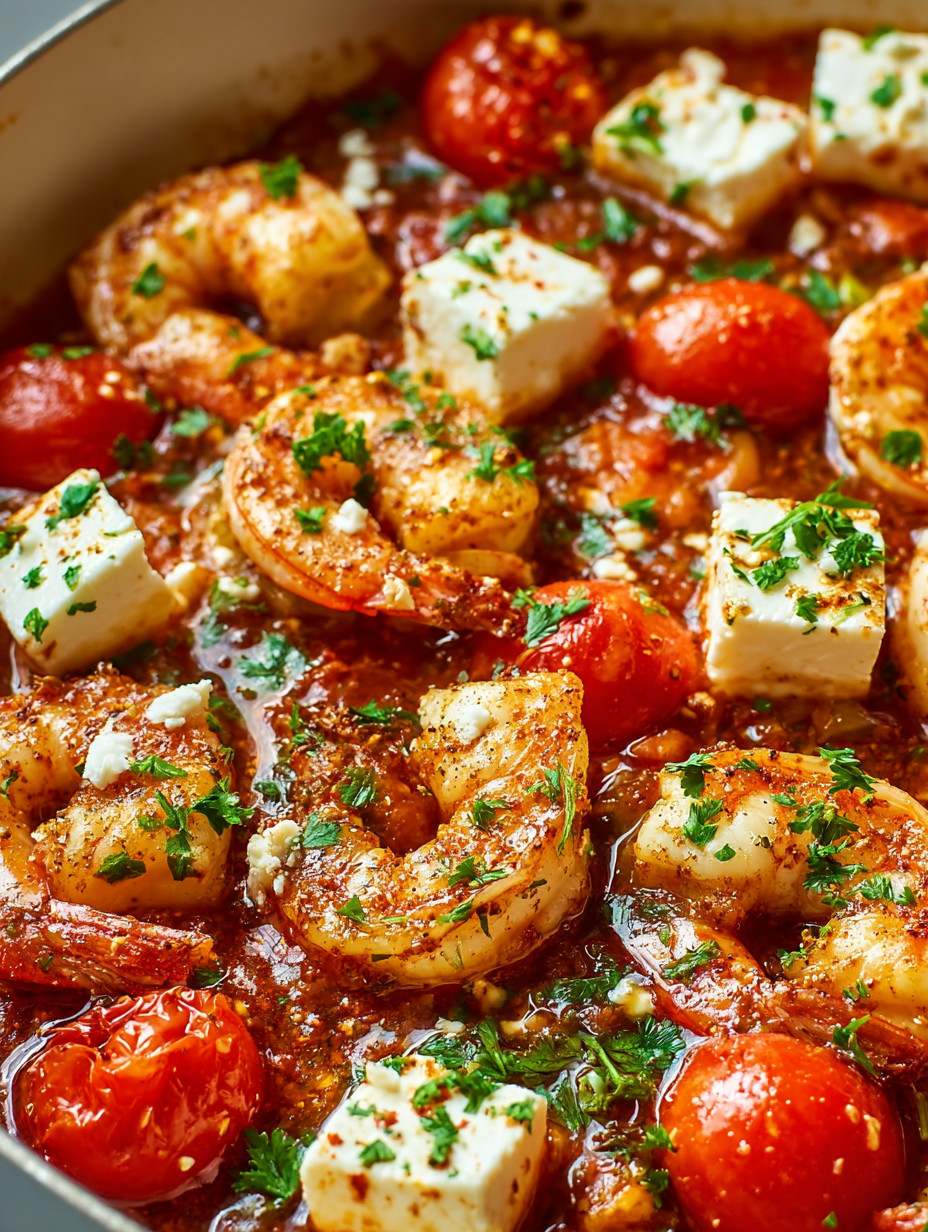 A bowl of shrimp and tomatoes.