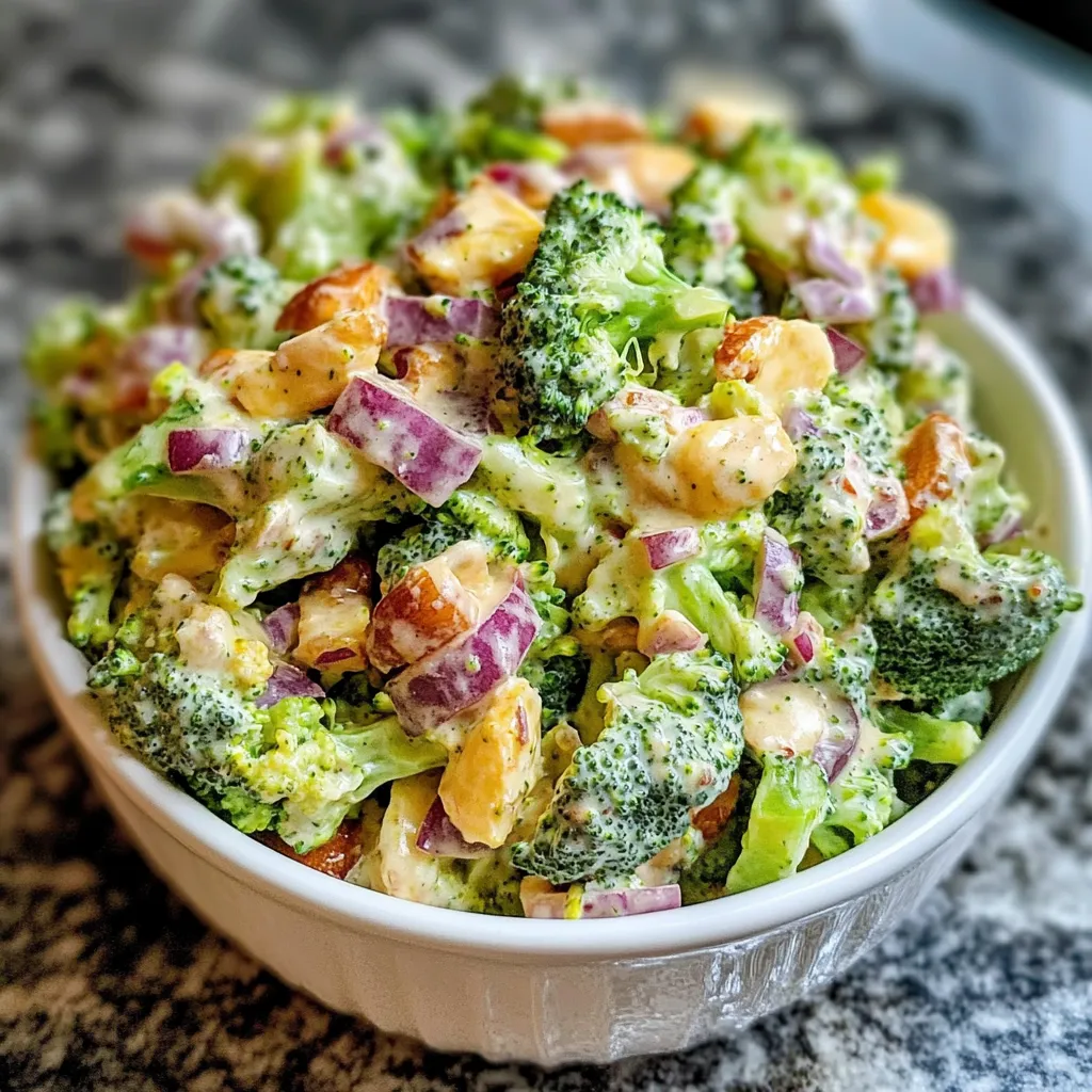 A bowl of broccoli salad.