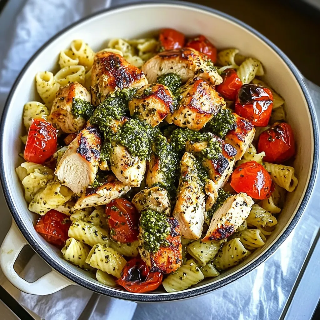 A bowl of pasta with chicken and tomatoes.