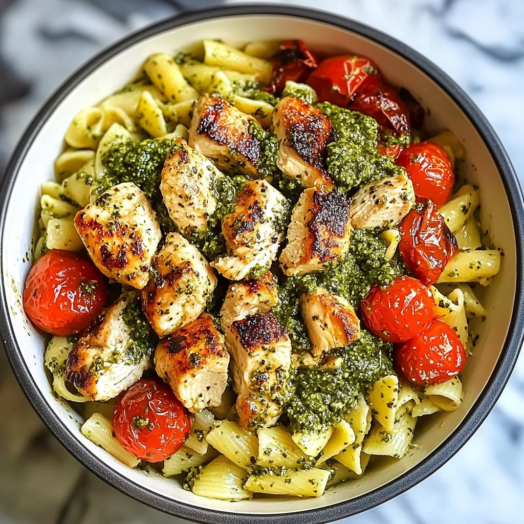 A bowl of pasta with chicken, tomatoes, and spinach.
