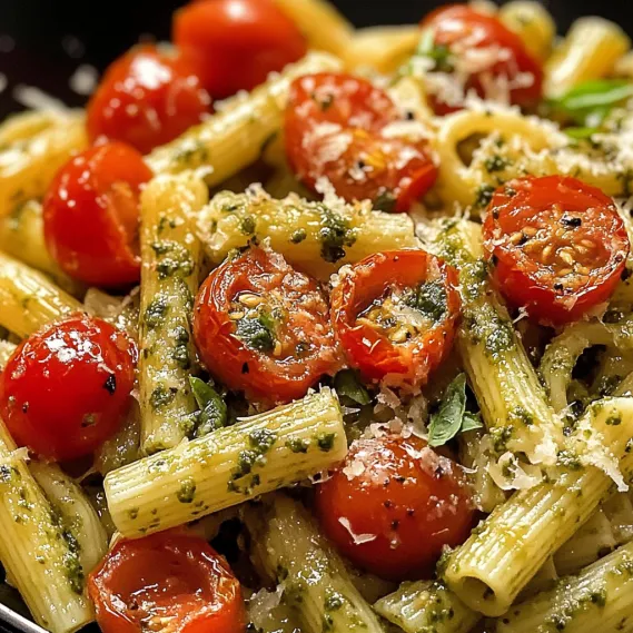 A plate of pasta with tomatoes and basil.
