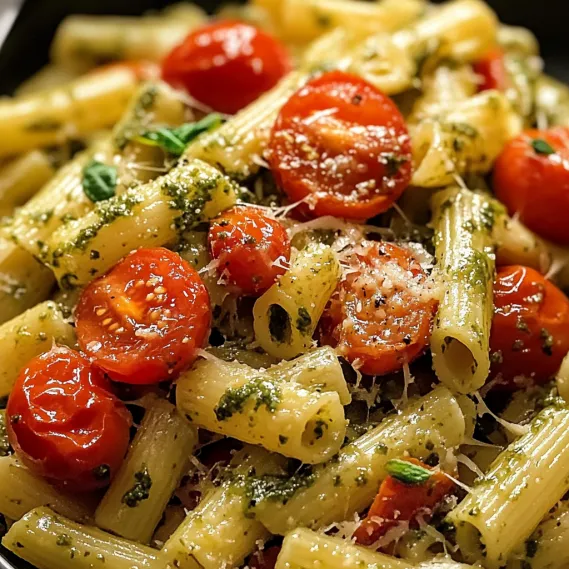 A bowl of pasta with tomatoes and basil.