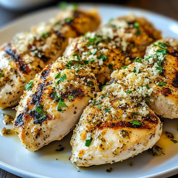 Chicken with herbs and spices on a white plate.