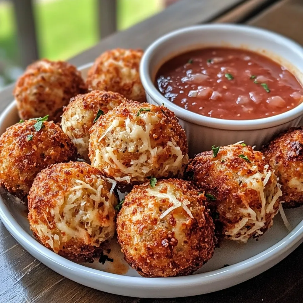 A plate of cheese balls with a bowl of sauce.