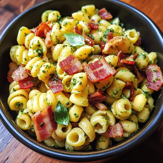 A bowl of pasta with bacon and spinach.