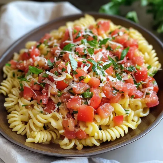 A bowl of pasta with tomatoes and cheese.
