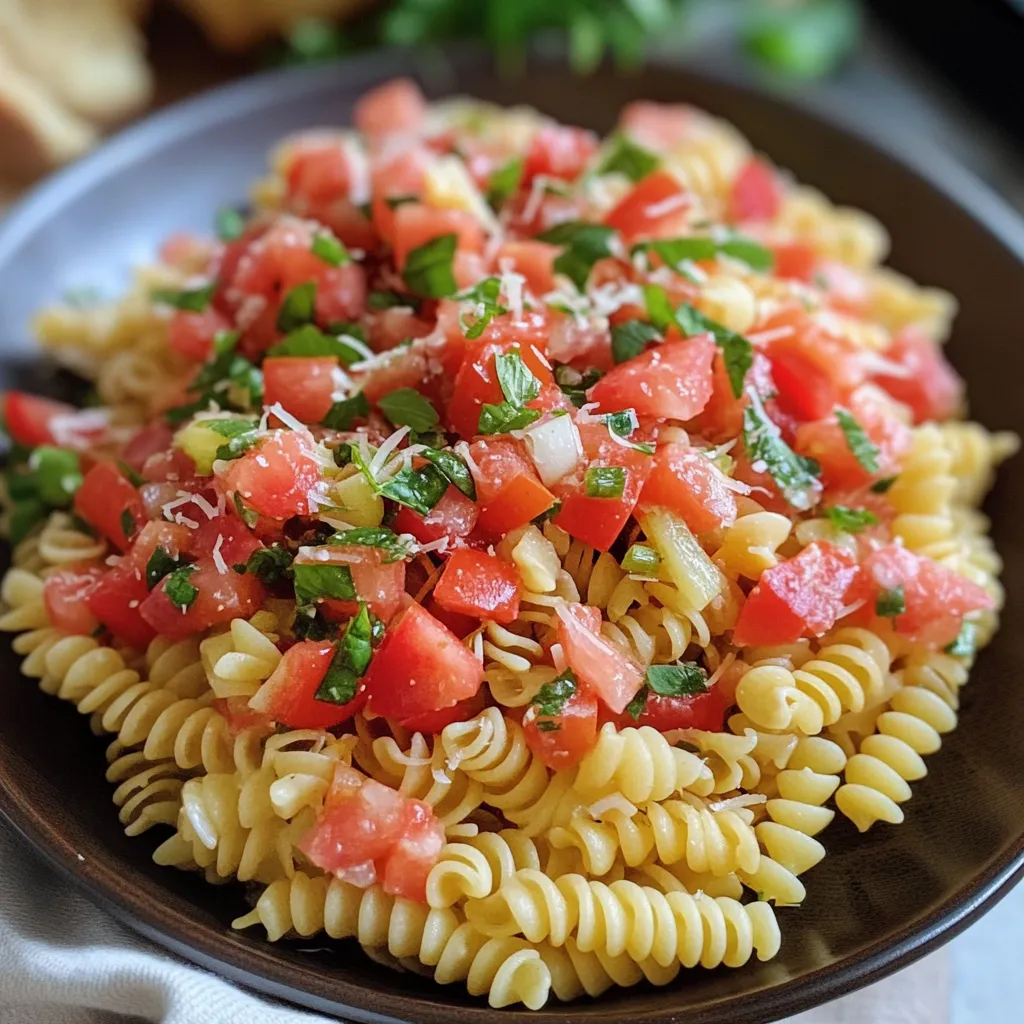 A bowl of pasta with tomatoes and basil.