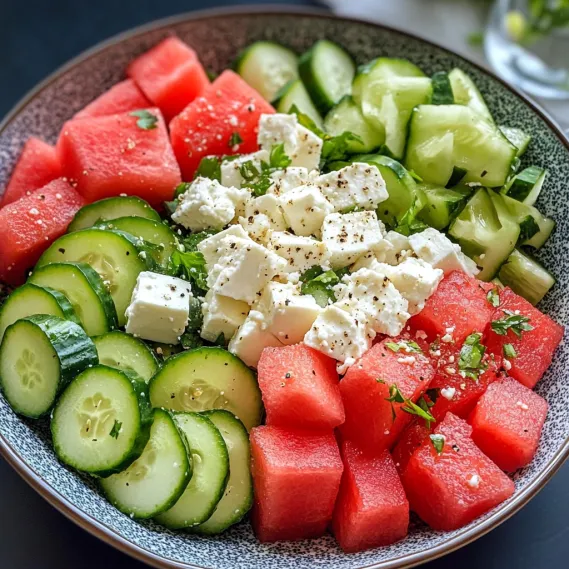 A bowl of fruit with watermelon, cucumbers, and cheese.