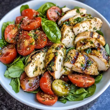 A bowl of food with chicken, tomatoes, and spinach.