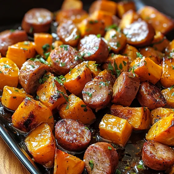 A pan of sausage and vegetables.