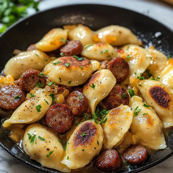 A bowl of food with sausage and potatoes.