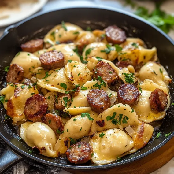 A pan of food with sausage and pasta.