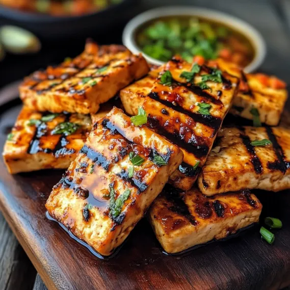 A wooden cutting board with grilled chicken and sauce.