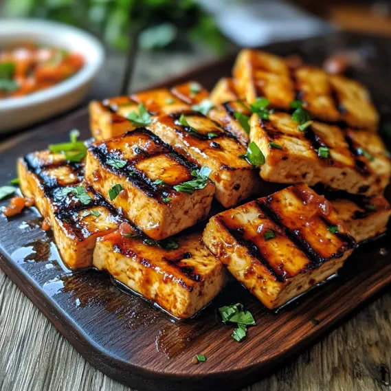 A wooden cutting board with grilled tofu cubes.