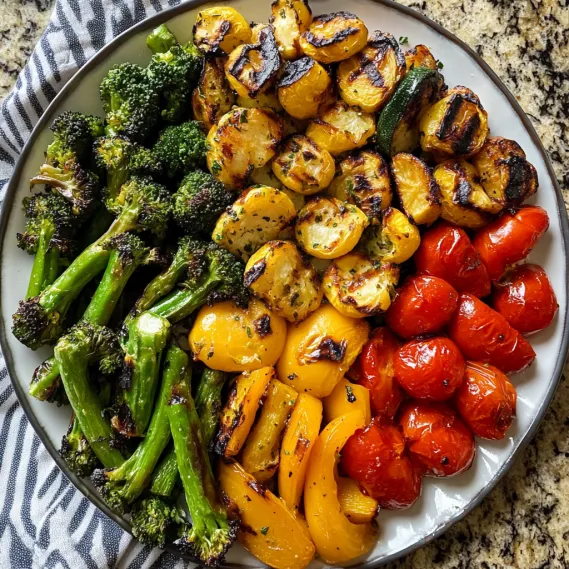 A plate of vegetables including broccoli, peppers, and tomatoes.