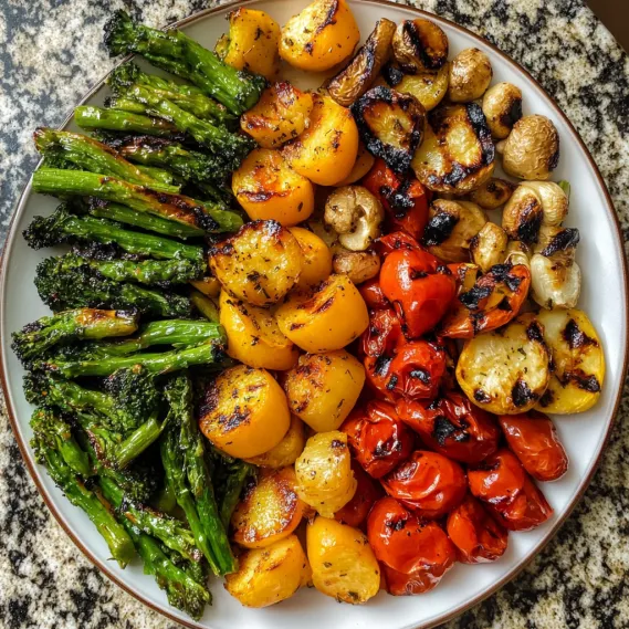 A plate of vegetables including broccoli, asparagus, and potatoes.