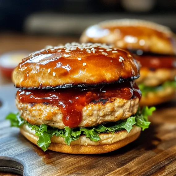 Two hamburgers with sauce on a wooden table.