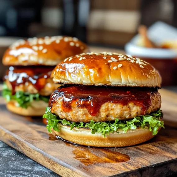 Two hamburgers with sauce on a wooden table.