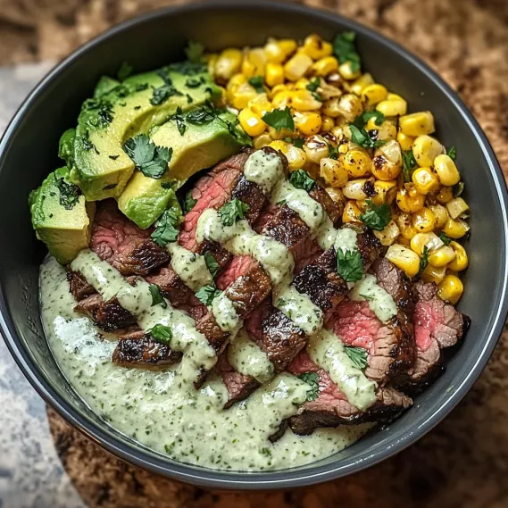 A bowl of food with meat and avocado.