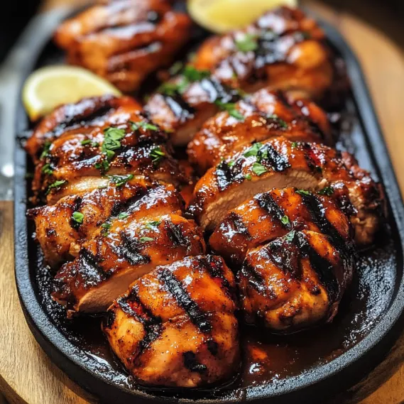 A pan of chicken with lemon wedges on top.