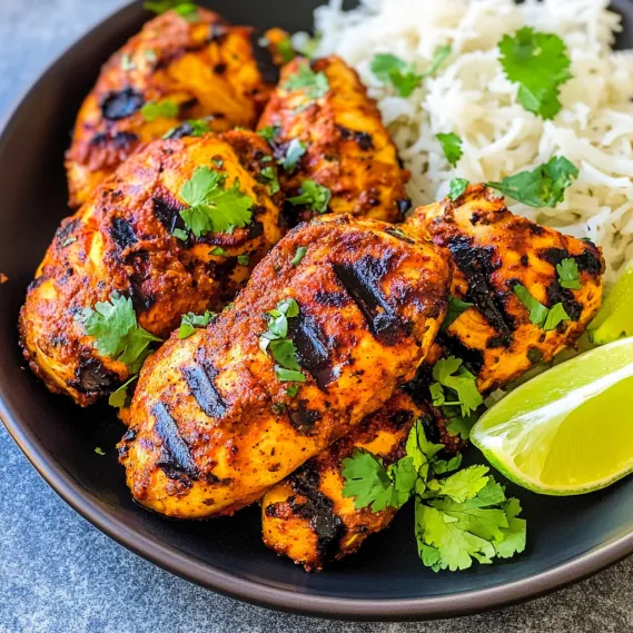 A plate of food with rice, chicken, and lime.