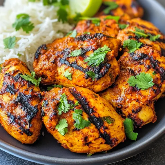 A plate of chicken with rice and a lime wedge.