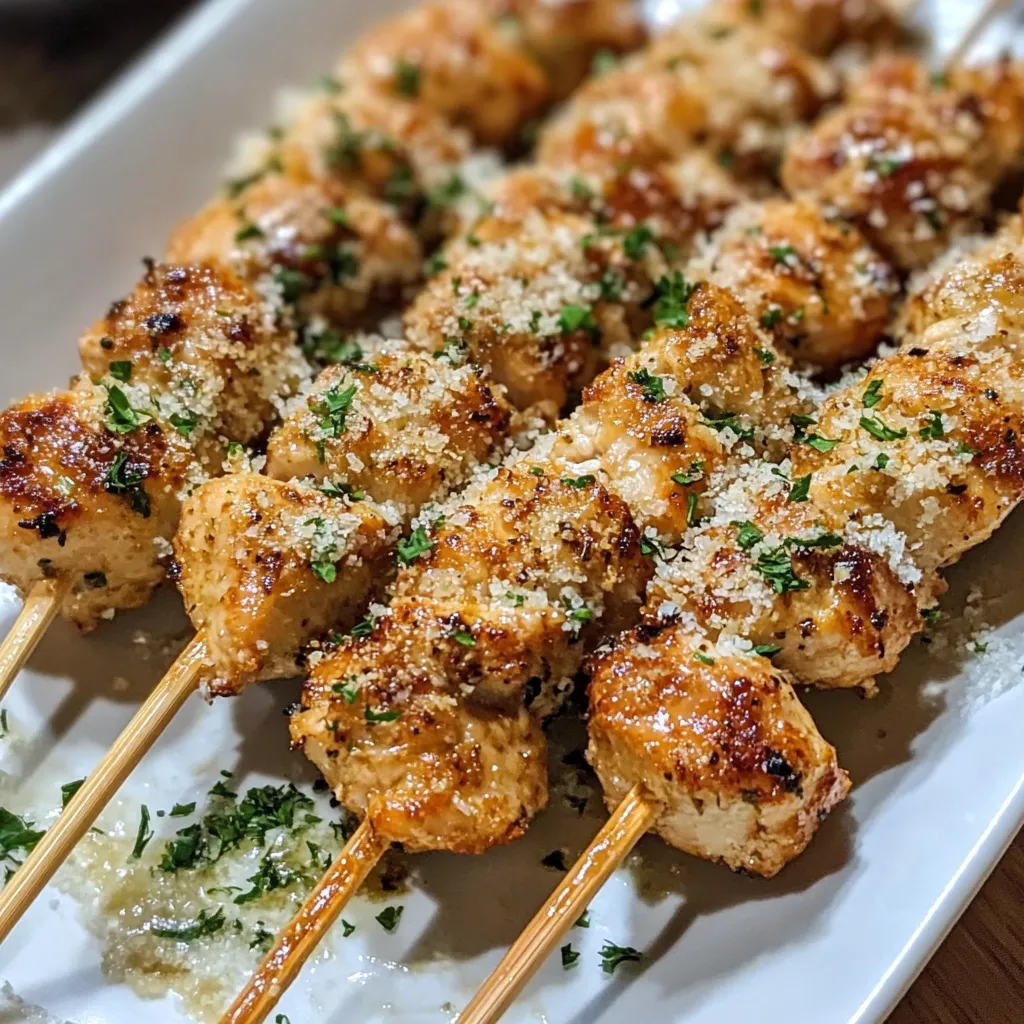A plate of chicken skewers with cheese and herbs.