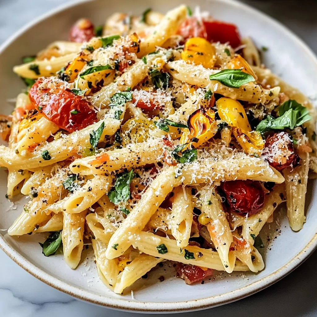 A plate of pasta with tomatoes, basil, and cheese.