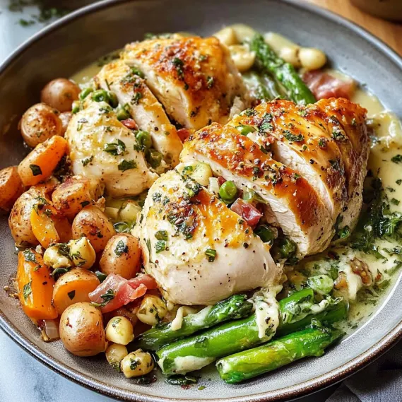 A plate of food with chicken, potatoes, and asparagus.