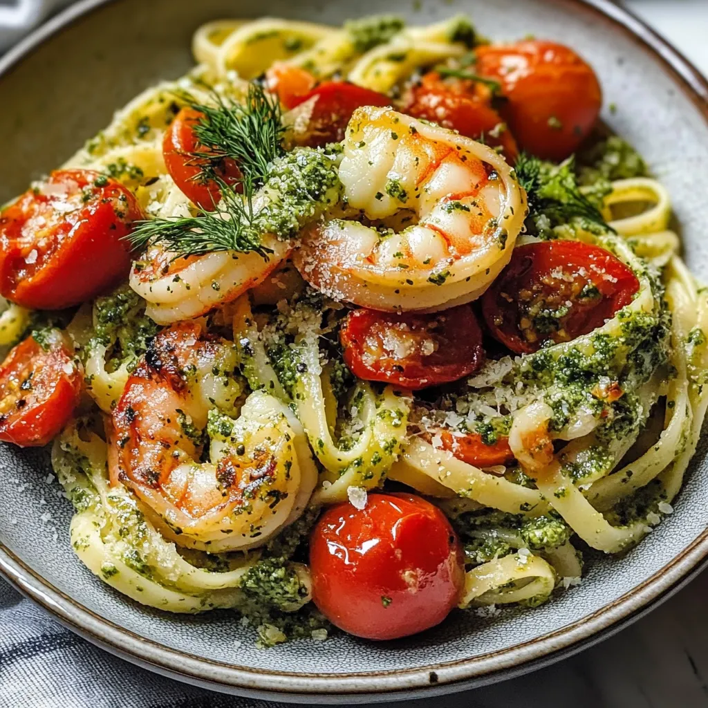 A bowl of pasta with shrimp and tomatoes.