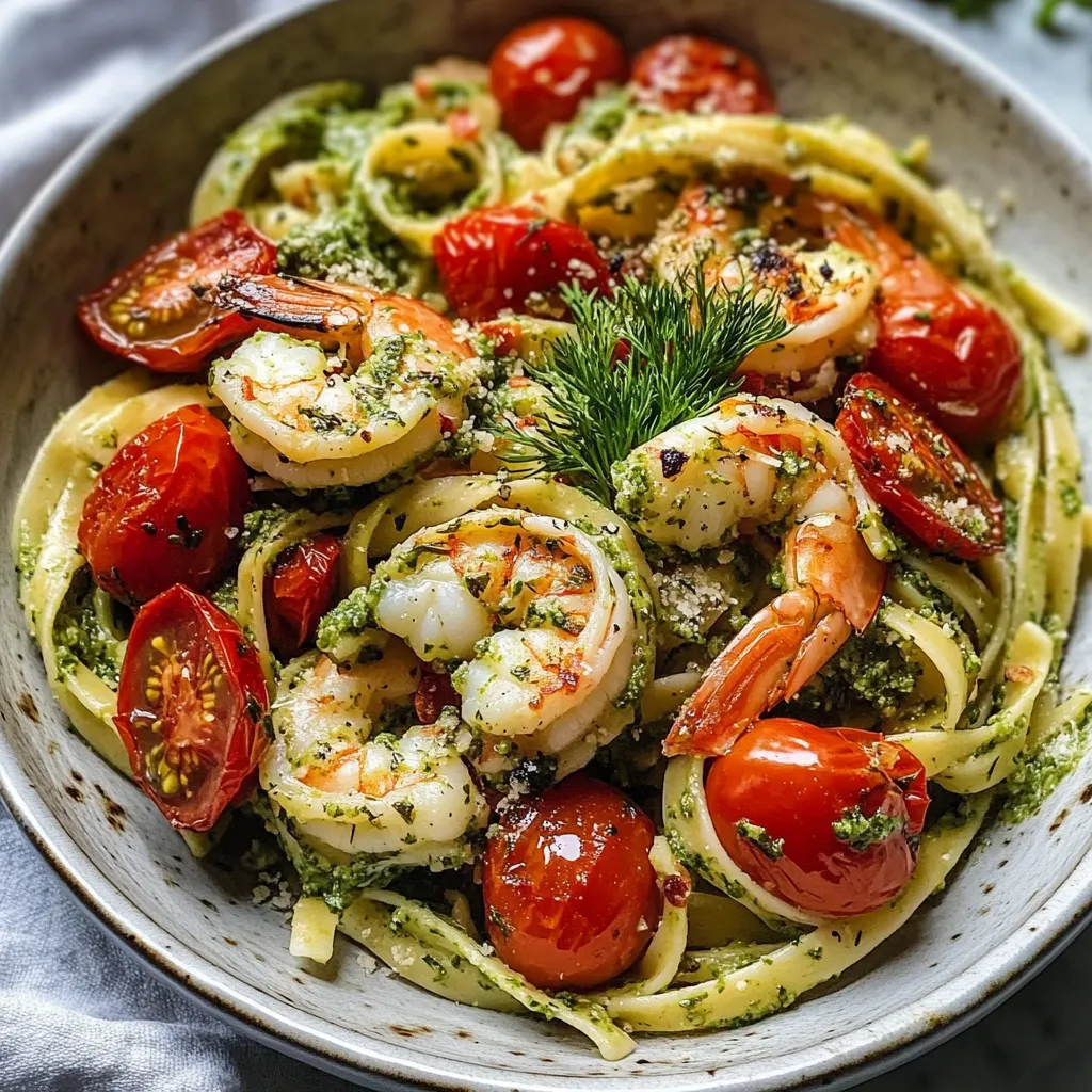 A bowl of pasta with shrimp, tomatoes, and spinach.